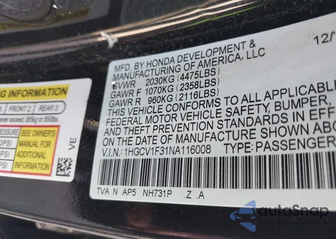 2022 Honda Accord Sport z USA, uszkodzony, nr VIN 1HGCV1F31NA116008